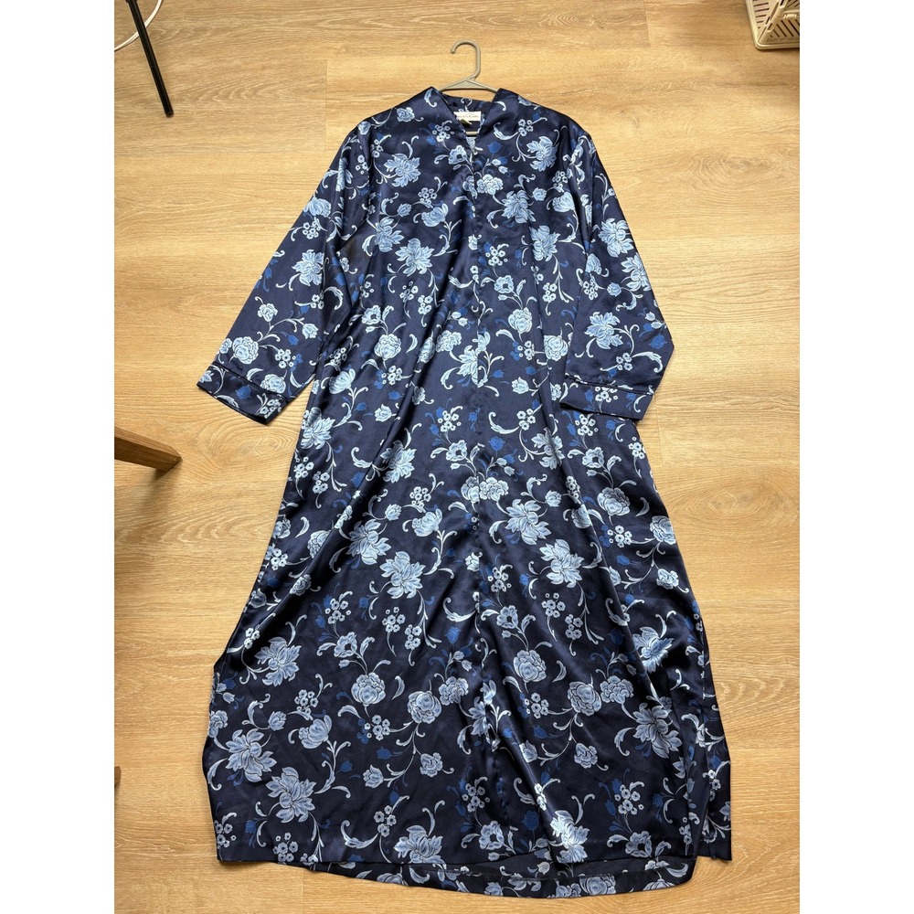Vintage Oscar de la Renta Navy Blue Floral Satin Zip Front Full Length Robe XL